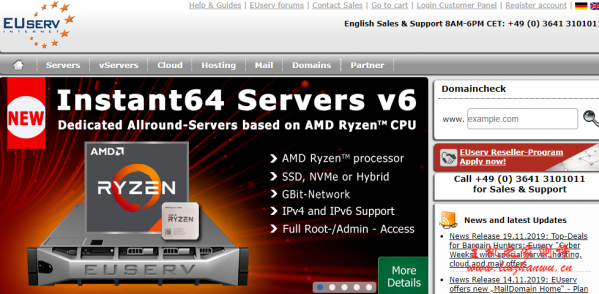 EUserv：免费/月/1GB内存/10GB空间/1TB流量/1Gbps端口/IPv6/KVM/德国