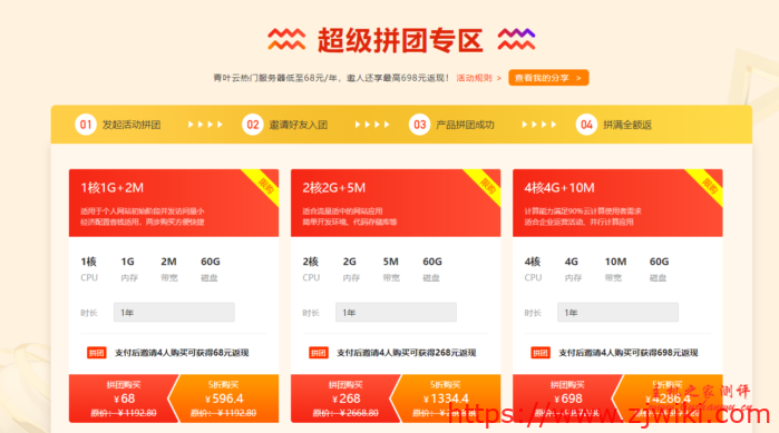 青叶云：1核1G 2M 68/年，拼团成功最高返698元镇江物理机299