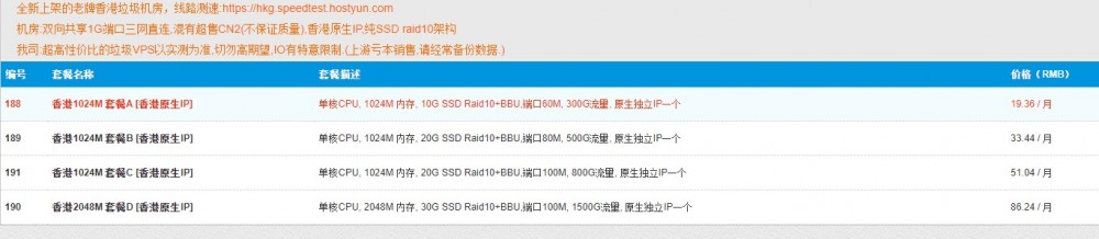 HostYun：19.8元/月/1GB内存/10GB SSD空间/300GB流量/60Mbps-100Mbps端口/KVM/香港直连；香港原生IP