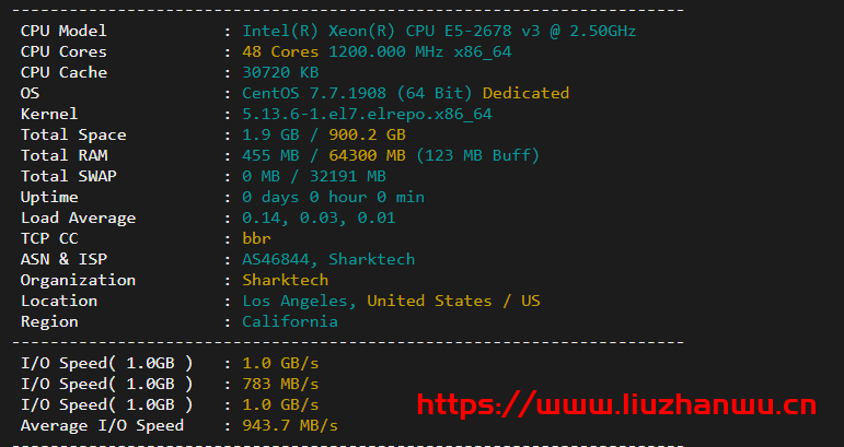 Sharktech：9/月/2*E5-2678v3/64GB内存/1TB NVMe硬盘/不限流量/1Gbps-10Gbps带宽/DDOS/洛杉矶机房简单测评