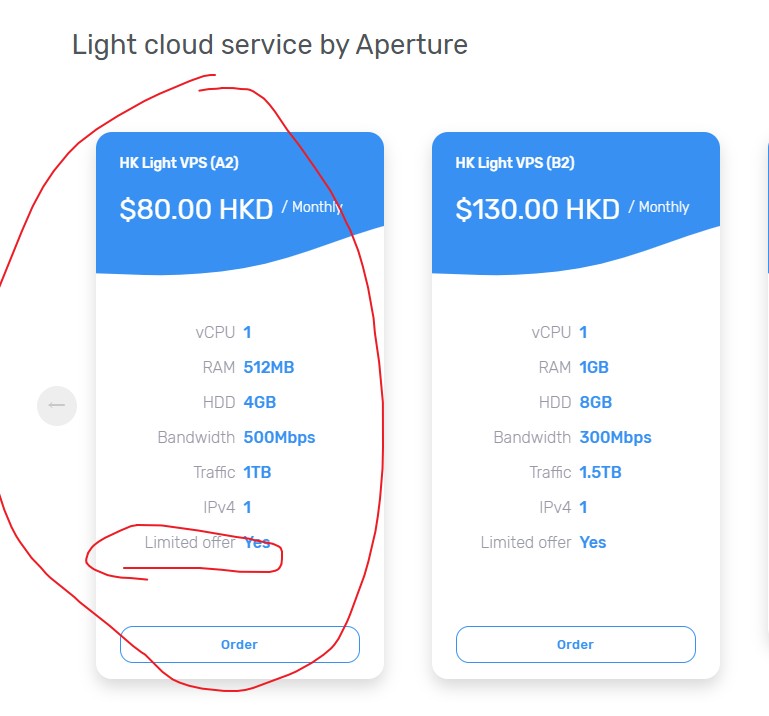 Aperture：.7/月/512MB内存/4GB SSD空间/1TB流量/500Mbps端口/VMware/香港/直连；原生IP