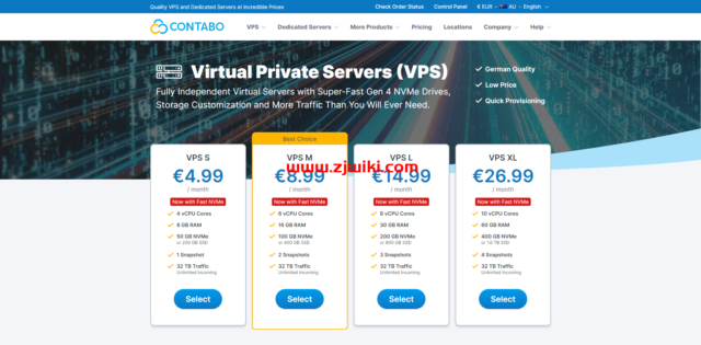 Contabo：美国、德国、新加坡等机房可选，4核8G高性价比VPS，200M-1Gbps不限流量，月付6.99美元起