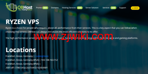 OBHost LLC：德国法兰克福机房新上Ryzen VPS，2核/4G内存/100G SSD硬盘/10TB流量/1Gbps带宽，.00/月起