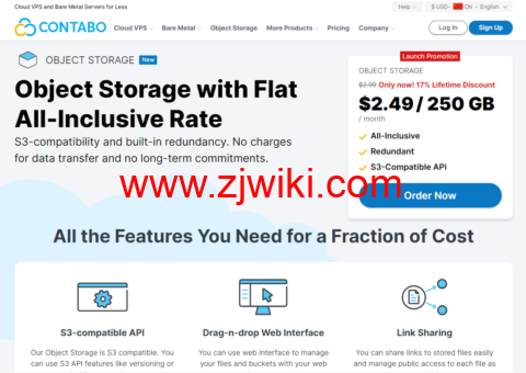 Contabo：美国对象存储( Object Storage)上线，不限流量，限时 8 折终身优惠，$2.49(250G/月)，可选德国/美国/新加坡