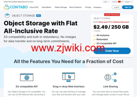 Contabo：美国对象存储( Object Storage)上线，不限流量，限时8折终身优惠，.49(250G/月)，可选德国/美国/新加坡