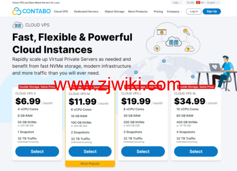 Contabo：美/德/英/新加坡高配置存储VPS，2核/4GB内存/400GB SSD/32TB流量/200Mbps-1Gbps带宽，€8.49/月起