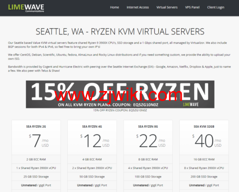 Limewave：上线 AMD Ryzen 3900X 系列 VPS/85 折优惠，美国西雅图机房，1 核/2GB 内存/25GB SSD/不限流量/1Gbps 带宽，$5.95/月起