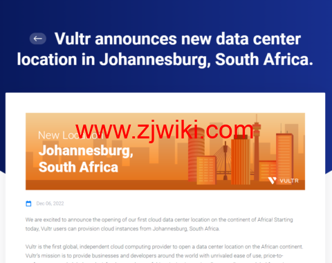 Vultr：新上非洲机房，南非约翰内斯堡数据中心，新用户优惠码，赠送最高$100 美金，全球 26 个数据中心可选，月付 2.5 美元起，支持按小时计费