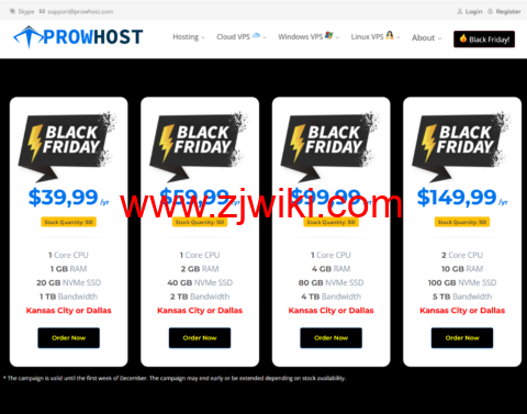 #Black Friday 2024#ProwHost：美国堪萨斯机房vps，1核/1GB内存/20G NVMe/1TB流量/1Gbps带宽，.9/年